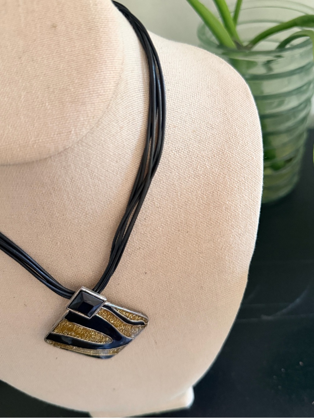 Vintage Michaela Frey Black & Gold Enamel Pendant Multi Strand Necklace - Picture 3 of 3